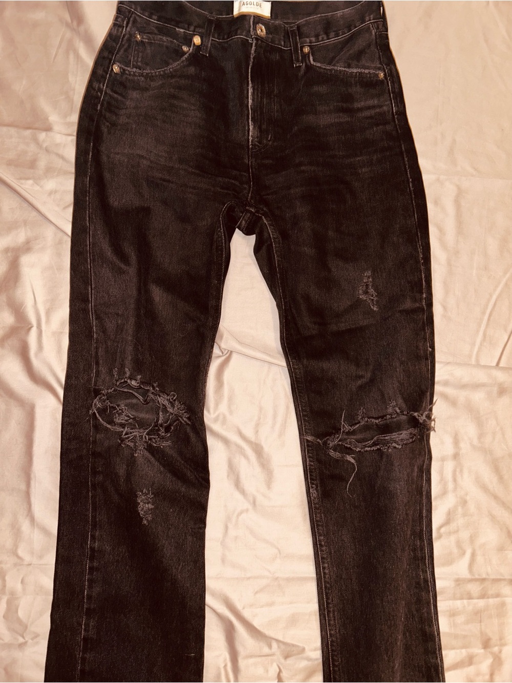 Agolde Black Slim Straight Distressed Jeans Busted Knees Size 27